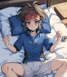 1boy ai_generated looking_at_viewer male_focus nate_(pokemon) on_bed pokemon smirk solo solo_focus solo_male spread_legs suggestive_look