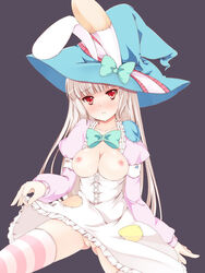 animal_ears bow breasts breasts_out bunny_ears female hat irisu_kyouko irisu_syndrome large_breasts nipples no_panties open_mouth pointy_chin pussy red_eyes ribbon shirt_pull simple_background sitting solo striped striped_legwear thighhighs uncensored white_hair witch_hat yako