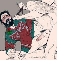 2boys alex_mason anal arm_tattoo bara beard black_hair blue_eyes blush bonjourdraws call_of_duty call_of_duty_black_ops_cold_war completely_nude erection facial_hair frank_woods gay green_sweater highres leg_hair looking_at_another male_focus male_pubic_hair multiple_boys muscular muscular_male naked_sweater nude open_mouth original penis pubic_hair red_sweater sex short_hair sweater tattoo testicles thighs two-tone_sweater yaoi