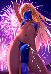 ai_generated aqua_eyes arabian_clothes arm_up armpits balls blonde_futa blonde_hair blue_clothing bulge cum cum_drip cum_dripping_from_penis cum_through_clothes cumming cumshot dancer dancer_outfit dark-skinned_futanari dark_skin dickgirl doseogwan earrings ejaculation erect_penis erection erection_under_clothes fireworks from_below futa_only futanari long_hair looking_at_viewer mouth_veil one_arm_up outside penis realistic_penis_size small_breasted_futa small_breasts solo solo_futa standing veil