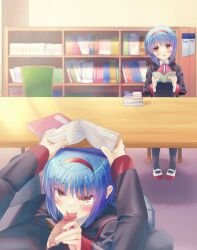 1boy 2girls absurdres black_jacket black_socks blue_hair blush book bookshelf bow censored commentary_request commission covering_head crossed_bangs eyes_visible_through_hair fellatio hair_between_eyes hairband highres holding holding_book indoors jacket licking licking_penis little_busters! little_busters!_school_uniform long_sleeves looking_at_viewer mary_janes mosaic_censoring multiple_girls natsuoto_rito naughty_face nishizono_midori nishizono_mio open_book open_mouth oral orange_eyes penis pink_bow pov public_indecency red_hairband school_uniform shoes short_hair sidelighting sitting skeb_commission socks straight sweat tongue tongue_out upturned_eyes white_footwear