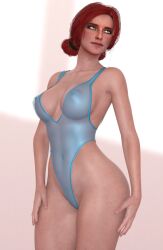 3d breasts female light-skinned_female nipples nipples_visible_through_clothing red_hair solo swimsuit the_witcher_(series) the_witcher_3:_wild_hunt titanms triss_merigold