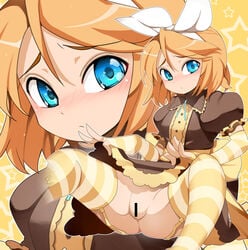 1girls aqua_eyes blonde_hair censored elbow_gloves female female_only fingerless_gloves garters gloves hair_ribbon harikono kagamine_rin project_diva ribbon short_hair skirt skirt_lift solo striped striped_gloves striped_legwear striped_thighhighs thighhighs vocaloid yellow_legwear yellow_thighhighs zoom_layer