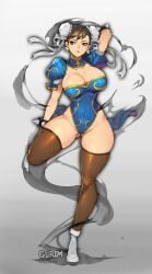 1girls 2019 arm_behind_head artist_name bent_leg black_eyes black_hair capcom chun-li female female_only full_body gurimjang hi_res leotard looking_at_viewer solo spiked_bracelet standing_on_one_leg stockings street_fighter thick_thighs thigh_squish twin_buns