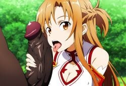 1boy 1girls ai_generated brown_eyes brown_hair cleavage covered_nipples dark-skinned_male duderu interracial large_penis licking licking_penis long_hair looking_at_viewer medium_breasts open_mouth outside sword_art_online tagme tongue tongue_out veiny_penis yuuki_asuna