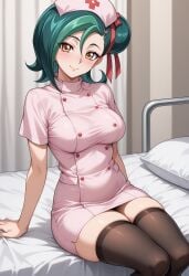 1girls ai_generated bed blush closed_mouth female female green_hair hi_res kotori_mizuki legwear looking_at_viewer nurse nurse_uniform ribbon seductive sephiaton955 short_hair smile solo thick_thighs thigh_highs thighs tori_meadows yellow_eyes yu-gi-oh! yu-gi-oh!_zexal