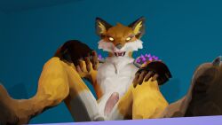 anthro canid canine chest_tuft claws clothing dark_body dark_fur epic_games fennix_(fortnite) fingerless_gloves fortnite fox fur genitals gloves handwear hi_res humanoid male male_only mammal open_mouth pat3awelitas300 penis simple_background solo spikes teeth toe_claws tuft yellow_eyes