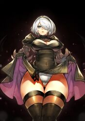 1girls 2019 blue_eyes clothes_lift dress female female_only gurimjang hair_over_one_eye hairband hi_res looking_at_viewer mole mole_under_mouth nier:_automata solo stockings thick_thighs thigh_gap viewed_from_below white_hair yorha_2b