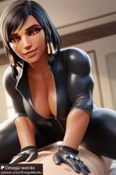 1boy 1girls ai_generated big_breasts black_hair breasts cleavage corruption egyptian eye_markings female gloves hair_ornament latex latex_suit male muscles omega-weirdo overwatch overwatch_2 patreon pharah red_eyes smile straddling