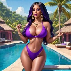 ai_generated ai_hands big_ass big_breasts bikini black_hair bracelet cardi_b celebrity collar curvy dark-skinned_female earrings hourglass_figure makeup pool purple_hair purple_lipstick real_person tagme thick_thighs voluptuous wide_hips