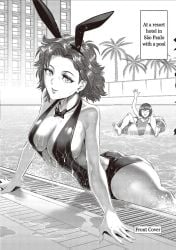 2girls anna_paula ass bare_arms bare_legs bare_shoulders bare_thighs big_ass big_breasts big_butt black_and_white black_hair bunny_ears bunnysuit daromeon english_text female female_focus female_only hi_res kengan_(series) kengan_ashura kushida_rin large_breasts looking_at_another one-piece_swimsuit pool short_hair solo_female swimsuit tagme text text_box thick_thighs water wet