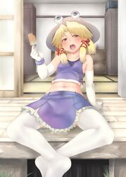 adapted_costume bare_shoulders blonde_hair elbow_gloves eyes female female_only gloves hair_ribbon hat highres jpeg_artifacts midriff navel orgasm popsicle puddle pussy_juice pyonta red_eyes ribbon rokushou_kokuu short_hair solo suwako_moriya thighhighs touhou white_legwear white_thighhighs zettai_ryouiki