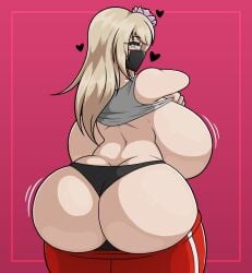 ass ass_cleavage ass_focus beauty_mark blonde_hair blush butt_crack face_mask fat_ass flower_in_hair gigantic_ass gigantic_breasts grey_topwear hair_down heart hyper_ass hyper_breasts light_brown_hair lily_(flower) lily_(takano) long_hair looking_back massive_ass massive_breasts original original_character pants_down rear_view sideboob takano_(artist) topwear undressing