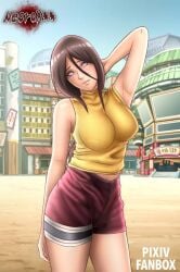 1girls armpit_fetish armpits bandage bandaged_leg bare_arms bare_legs bare_shoulders bare_thighs big_breasts blush boruto:_naruto_next_generations brown_hair busty cute female female_focus female_only hands_behind_head head_tilt hi_res high_resolution highres hyuuga_hanabi large_breasts light-skinned_female light_skin looking_at_viewer mature mature_female milf minishorts naruto naruto_(series) necroxxx outdoors outside pale-skinned_female pale_skin pinup pose posing public purple_eyes shorts shounen_jump sleeveless sleeveless_shirt solo solo_female solo_focus standing tank_top tight_clothing