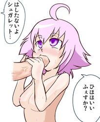 1girls ahoge blush fellatio hair oral penis purple_eyes purple_hair short_hair sucking sugarette summon_night summon_night_swordcraft_story text translated