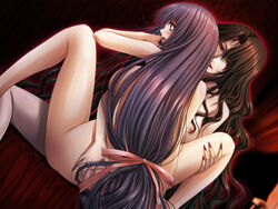 2girls blush breasts brown_hair female game_cg long_hair multiple_girls nude purple_hair ribbon sex straight_hair yami_no_koe yuri