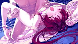 blush bra censored closed_eyes cradle_(artist) deep_blue_sky_&_pure_white_wings feet female_orgasm has_uncensored_version highres lingerie long_hair long_legs misaki_kurehito miyamae_tomoka nipples open_mouth orgasm panties panties_around_leg panties_around_one_leg ponytail red_hair saliva screaming sex soles suiheisen_made_nan_mile? tied_hair underwear