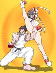 1boy 1girls barefoot black_belt bottomless brown_hair censored clitoris duo female fever-san fighting fingerless_gloves fisting flexible footwear gloves handwear headband headwear highres human karate_gi kick kicking legs male muscular muscular_male ouch pale_skin pointless_censoring punch punching pussy ryu_(street_fighter) sakura_kasugano school_uniform serafuku short_hair splits straight straight_hair street_fighter uppercut vaginal vaginal_fisting vaginal_insertion vertical_splits