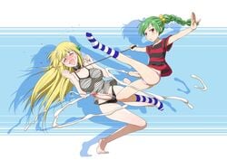 2girls bare_shoulders blonde_hair blood blush censored character_request closed_eyes collar copyright_request cum ejaculation foreskin futanari gekka_kaguya_(urabata) green_hair hair_ornament intersex leash long_hair mosaic_censoring multiple_girls open_mouth outstretched_arms panties ponytail red_eyes shadow smile striped tied_hair underwear