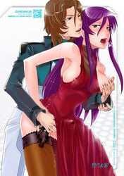 1boy 1futa areolae bite blush bottomless_skirt breasts curvy dickgirl dress erect_nipples erection erection_under_clothes erection_under_skirt futa_sans_balls futanari futasub gun gundam gundam_00 intersex large_breasts lockon_stratos long_hair lyle_dylandy male male_on_futa maledom nanase_jiro nipples no_panties penis penis_bulge penis_under_clothes penis_under_skirt precum precum_drip rule_63 side_slit skirt skirt_lift tenting thighhighs tieria_erde weapon wig