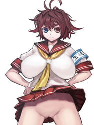 blue_eyes breasts brown_eyes brown_hair chikokuma color copyright_request female hands_on_hips heterochromia human large_breasts no_panties pointy_chin pussy school_uniform serafuku shirt short_hair skirt skirt_lift solo uncensored uniform wind_lift