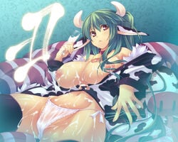 animal_ears bell breasts bukkake censored cow_ears cow_print cum green_hair horns lactation large_breasts long_hair milk nipples open_clothes open_shirt original panties purple_eyes shimakaze shirt side-tie_panties soundz_of_bell thighhighs underwear