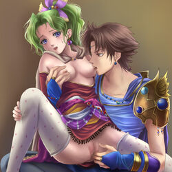 1boy 1girls androgynous bartz_klauser blue_eyes blush breast_sucking breasts cape censored clothed couple crossover detached_sleeves dissidia_final_fantasy dodon_(reina) earrings female final_fantasy final_fantasy_five final_fantasy_vi fingering fingering_pussy green_hair jewelry male male/female nipples no_bra no_panties purple_eyes pussy reina_(artist) shirt_pull sitting_on_lap stockings straight sucking_nipples sweatdrop terra_branford thighhighs