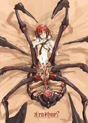 1girls arachne blush breasts female flat_chest monster monster_girl original pubic_hair pussy red_hair solo spider_girl straight_hair z-ton