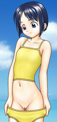 blue_eyes blue_hair bob_cut camisole love_hina maehara_shinobu midriff ocean pussy short_hair swimsuit tankini uncensored undressing