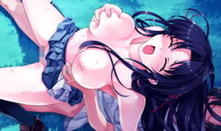 blush breast_grab breasts censored closed_eyes cowgirl_position cradle_(artist) deep_blue_sky_&_pure_white_wings footwear grass highres koga_sayoko large_breasts misaki_kurehito moaning mosaic_censoring nipples no_panties open_mouth pussy_juice reverse_cowgirl_position sex shoes skirt socks straddle suiheisen_made_nan_mile? sweat tears topless