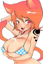 1girls areola_slip areolae bikini bikini_top breasts cat_ears cleavage cum cum_on_body cum_on_breasts cum_on_upper_body erect_nipples facial female female_only kemonomimi large_breasts micro_bikini nami nami_(classic) nami_(one_piece) noroken one_piece orange_hair polka_dot pre-timeskip red_eyes short_hair smile straight_hair swimsuit tail tattoo