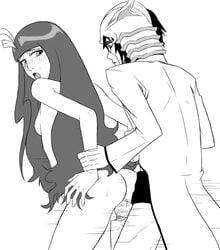 arm_grab arrancar ass bleach blush breasts cyan_sung-sun doggy_style espada female from_behind incognitymous long_hair looking_back male monochrome nipples nude sex skull standing straight ulquiorra_cifer uncensored vaginal_penetration wet wrist_grab