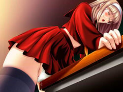 1girls 2d blonde_hair blush brown_hair closed_eyes crotch_rub desk fetish:_ura_no_kioku game_cg glasses kinmedai_pink kousaka_yumi masturbation panties pussy_juice school_uniform solo table_humping thighhighs through_panties underwear upskirt wet_panties