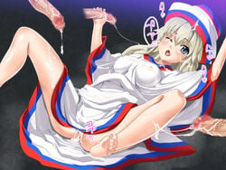 bottomless censored clothed_sex cum cum_in_mouth cum_inside cum_string cum_trail cumdrip erect_nipples facial feet gangbang group_sex hakata-san handjob hat magic_penis multiple_penises no_panties okina_sai okina_sen original penis personification white_hair