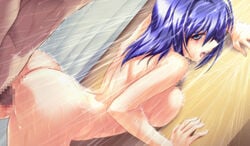 anal arched_back ass blue_eyes blue_hair breast_press breasts censored from_behind game_cg hayase_mitsuki kimi_ga_nozomu_eien large_breasts nude open_mouth sex short_hair shower sideboob wet