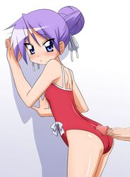 against_wall alternate_hairstyle ass back blush bow censored double_bun female flat_chest hair_ribbon highres human kagami_hiiragi looking_back lucky_star male one-piece one-piece_swimsuit penis purple_eyes purple_hair ribbon straight sugimura_tomokazu swimsuit