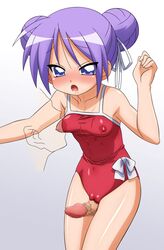 alternate_hairstyle breast_sucking breasts cameltoe censored double_bun female high_resolution human kagami_hiiragi lucky_star male nipples one-piece one-piece_swimsuit penis straight sugimura_tomokazu swimsuit thigh_sex thighs