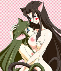 animal_ears black_hair breasts carly_nagisa cat_ears cat_tail catgirl dark_signer female green_hair hug huge_breasts long_hair misty_lola multiple_girls nipples tail yu-gi-oh! yu-gi-oh!_5d's yuri