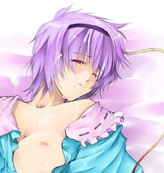 breasts cum cum_on_body cum_on_breasts cum_on_hair cum_on_upper_body face facial kurokuro lying nipples one_breast_out open_clothes open_shirt purple_hair red_eyes satori_komeiji shirt short_hair tears touhou wink