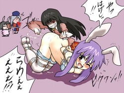 all_fours animal_ears ass black_hair blood bondage bottomless bound bound_ankles bound_legs bound_wrists box_tie bra breast_bondage breasts bunny_ears bunny_tail eirin_yagokoro evil_grin evil_smile female fingering grin hat kaguya_houraisan lili_(artist) lilish lingerie long_hair medium_breasts multiple_girls nosebleed panty_pull partially_translated purple_hair pussy_juice red_eyes reisen_udongein_inaba rope short_hair silver_hair smile sweat tears teeth tewi_inaba thighhighs tongue touhou translation_request underwear yuri