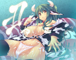 :< animal_ears bell breasts bukkake censored convenient_censoring cow_ears cow_print cum green_hair horns long_hair milk open_clothes open_shirt original panties purple_eyes shimakaze shirt side-tie_panties soundz_of_bell thighhighs underwear