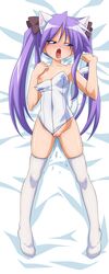 animal_ears bed cat_ears cat_tail dakimakura feet female female_only high_resolution huge_filesize human kagami_hiiragi lucky_star nipples open_mouth purple_hair pussy solo sugimura_tomokazu tail the_bed thighhighs tied_hair twintails uncensored