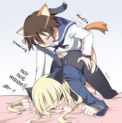 1futa 1girls animal_ear blonde_hair blush brown_hair clothed_sex clothing cum cum_inside female flat_chest futa_on_female futa_with_female futanari glasses hard_translated intersex miyafuji_yoshika multiple_girls pantyhose perrine_h_clostermann sex strike_witches tail torn_clothes torn_pantyhose translated unpokotan unwanted_cumshot