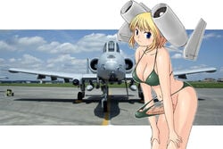 1futa a-10_(artist) aeromorph aircraft_humanoid airplane anthro bare_legs big_breasts bikini blonde_hair blue_eyes blush body_writing breasts cleavage color erection eyes futa_only futa_sans_balls futanari gau-8 genitals green_clothing hair hands_on_legs intersex kato_hayabusa legs looking_at_viewer mecha_musume military open_eyes original penis penis_in_panties personification photo_background pose short_hair side_view solo solo_futa standing straight_hair swimsuit