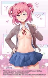 1girls accessory areola areolae blue_skirt blush blushing_at_viewer breasts clothed clothing ddlc_text_box dialogue dialogue_box doki_doki_literature_club edit english_text female female_only female_solo hair_accessory hair_intakes hair_ornament hair_ribbon hairclip hand_on_hip heart heart-shaped_pupils light-skinned_female light_skin long_sleeves looking_at_viewer matching_hair/eyes motion_lines natsuki_(doki_doki_literature_club) navel nipples no_bra partially_clothed petite pink_eyes pink_hair pleated_skirt portrait pov pov_eye_contact presenting presenting_body presenting_breasts ribbons school_uniform schoolgirl seductive seductive_smile short_hair sinensian skirt slim small_breasts smile solo solo_female standing symbol-shaped_pupils talking talking_to_viewer text thighs third-party_edit three-quarter_portrait tied_hair tsundere twintails uniform