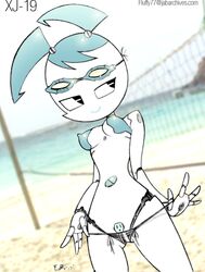 1girls 2d alternate_breast_size beach female fluffy_(artist) humanoid jenny_wakeman my_life_as_a_teenage_robot panty_pull robot robot_girl robot_humanoid smooth_skin tagme teenager volleyball_net xj-9