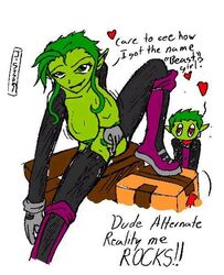 beast_boy boots breasts color dc_comics dialog english_text female fingering footwear green_hair green_skin hair heart jim_sugomi male masturbation pussy rule_63 short_hair sitting straight_hair teen_titans text vulva