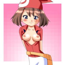 breasts copo_deluxe female female_only human human_only lowres may_(pokemon) melon nintendo nipples open_clothes open_shirt pokemon pokemon_rse red_bandana shirt solo straight_hair