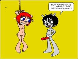 bondage dildo female lammy_lamb manuel_hogflogger multiple_girls pun questionable_consent rammy_lamb shivering sony_interactive_entertainment strap-on suspended sweater um_jammer_lammy yuri