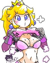 1girls armor armor_lift blonde_hair blue_eyes blush bra breasts cleavage crown earrings female female_only football football_player football_uniform human mario_(series) mario_strikers midriff minus8 minus8_(character) nintendo pink_bra ponytail princess_peach shorts straight_hair sweat tied_hair